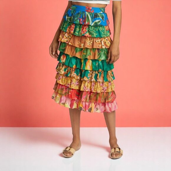 Farm Rio Mixed Prints Multi Layered Midi Skirt Size Medium - Picture 2 of 16